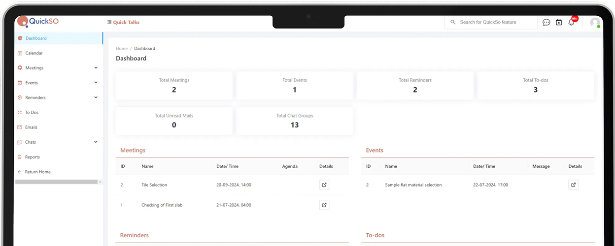 QuickSO project management dashboard